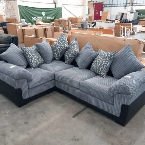 DESIGNER GREY CORDED FABRIC AND BLACK SUEDE EFFECT CORNER SOFA WITH SCATTER CUSHIONS