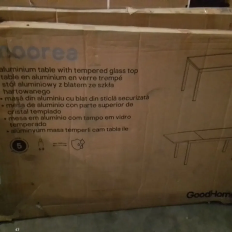 BOXED GOODHOME MOOREA ALUMINIUM TABLE WITH TEMPERED GLASS TOP 
