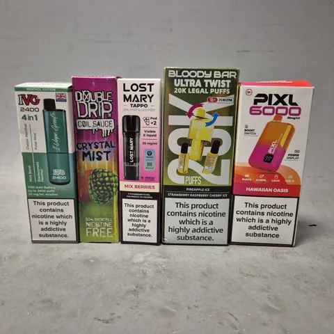 APPROXIMATELY 20 ASSORTED E-CIGARETTE PRODUCTS TO INCLUDE -PIXL 6000 , TBO BRAND , IVG 2400 ETC