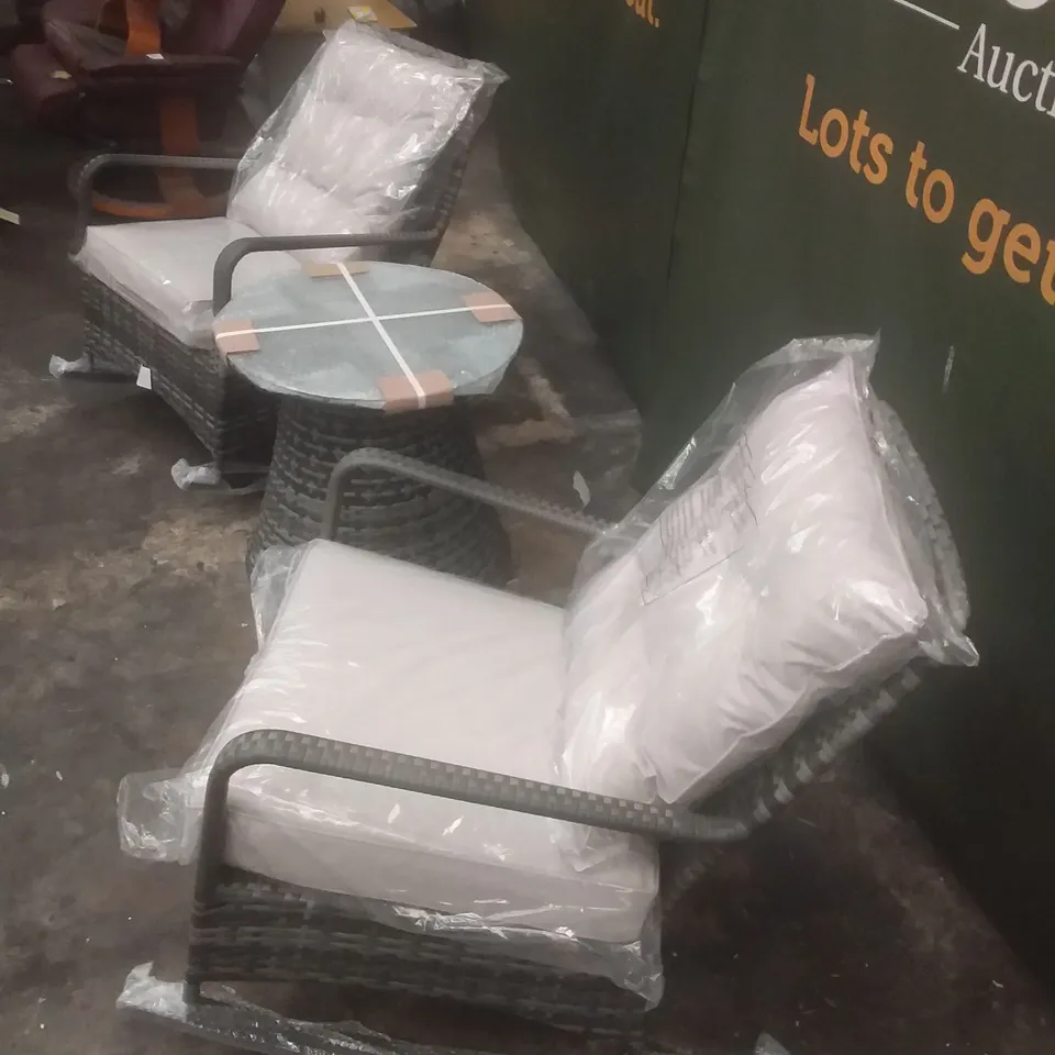 PAIR OF LINEA RATTAN ROCKING CHAIRS WITH GLASS-TOPPED TABLE (1 BOX)
