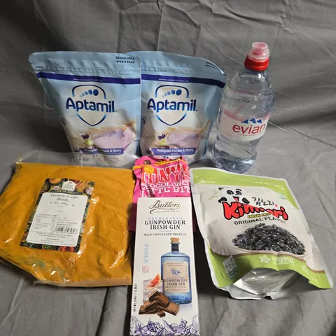 APPROXIMATELY 5 ASSORTED FOOD &DRINK ITEMS TO INCLUDE - EVIAN, TONYS CHOCOLATE AND APTAMIL  - COLLECTION ONLY