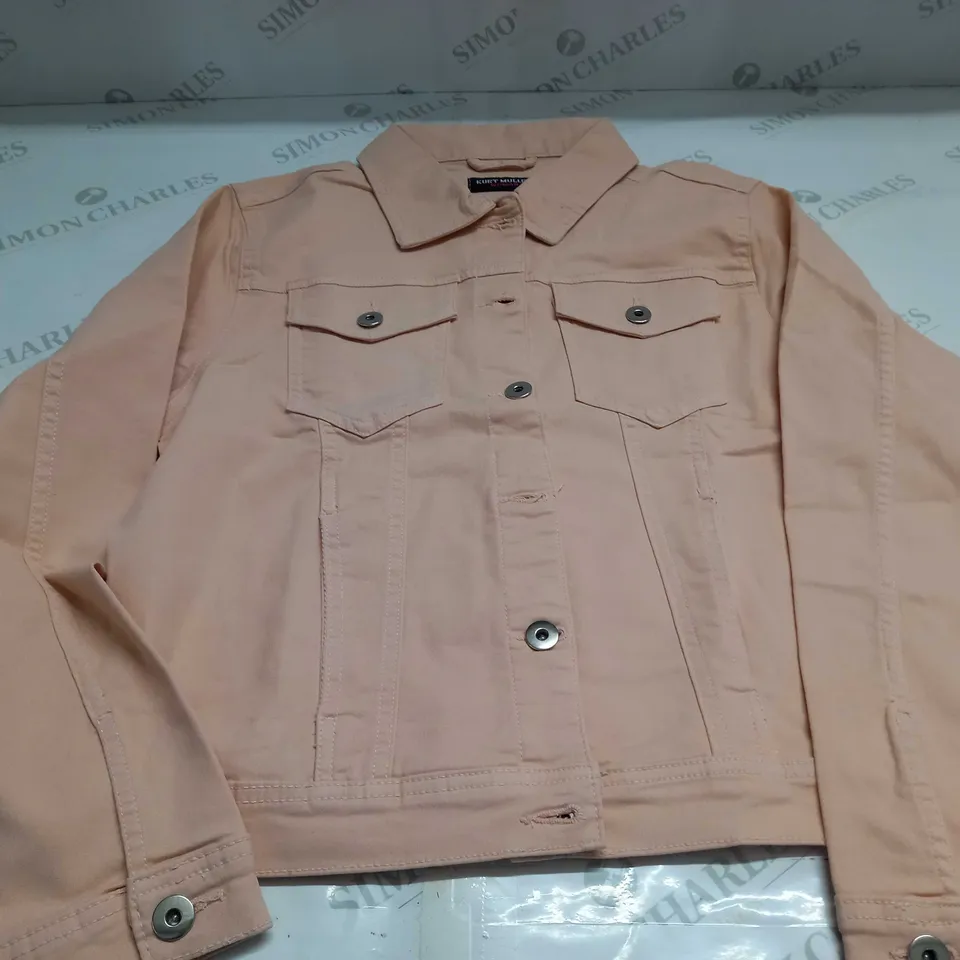 KURT MULLER WOMAN CROP FAUX DENIM JACKET IN PINK SALT - UK 14