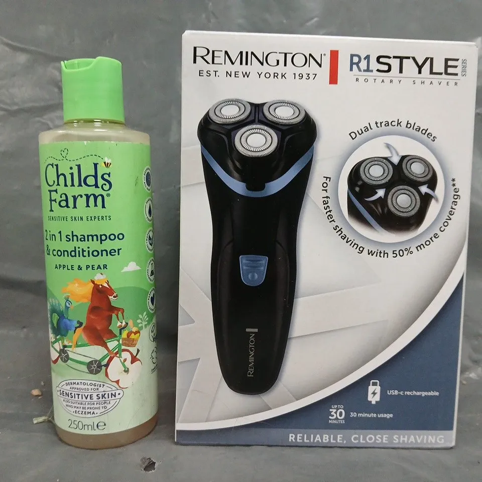 BOX OF APPROXIMATELY 10 ASSORTED ITEMS TO INCLUDE REMINGTON R1 STYLE ROTARY SHAVER, CHILDS FARM 2-IN-1 SHAMPOO & CONDITIONER, ETC - COLLECTION ONLY