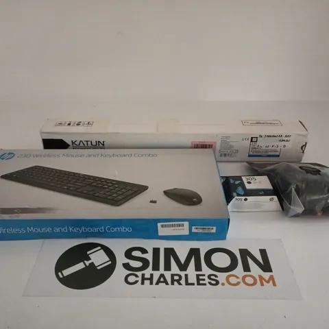 BOX OF APPROXIMATELY 20 ASSORTED ITEMS TO INCLUDE HP 230 MOUSE AND KEYBOARD COMBO, KATUN PRINTER CARTRIDGE, HP INK CARTRIDGE ETC