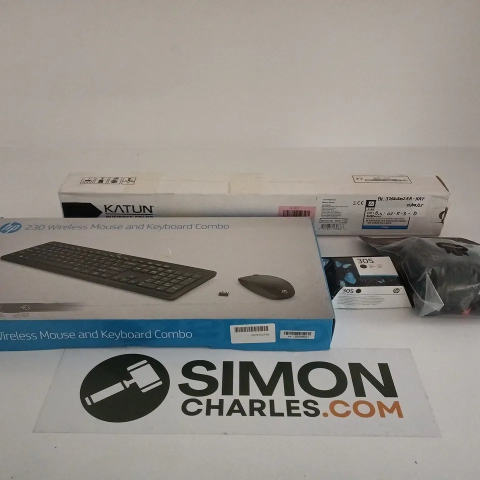 BOX OF APPROXIMATELY 20 ASSORTED ITEMS TO INCLUDE HP 230 MOUSE AND KEYBOARD COMBO, KATUN PRINTER CARTRIDGE, HP INK CARTRIDGE ETC