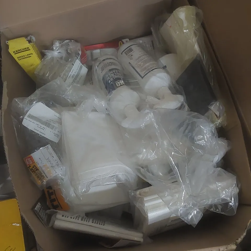 LARGE BOX TO CONTAIN A LARGE QUANTITY OF DIY PRODUCTS AND GOODS; INCLUDES TITAN FILLER BAGS, 3M ADHESIVE STRIPS, MOULD CLEANER ETC