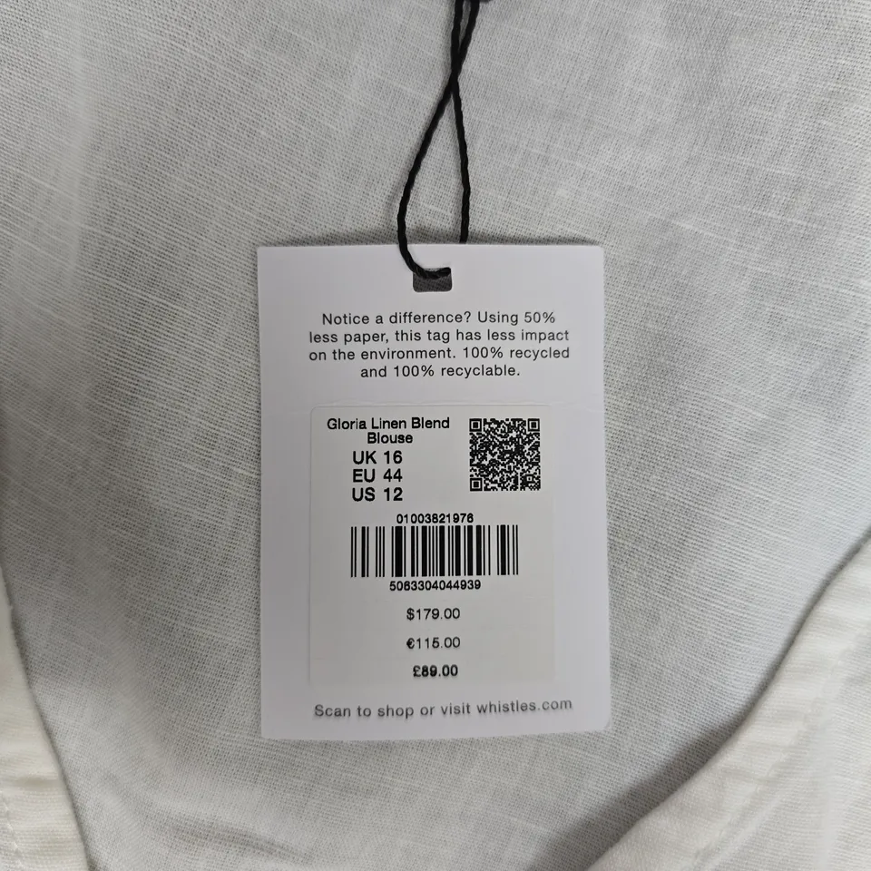 WHISTLES GLORIA LINEN BLEND BLOUSE – WHITE, UK 16 (EU 44, US 12)