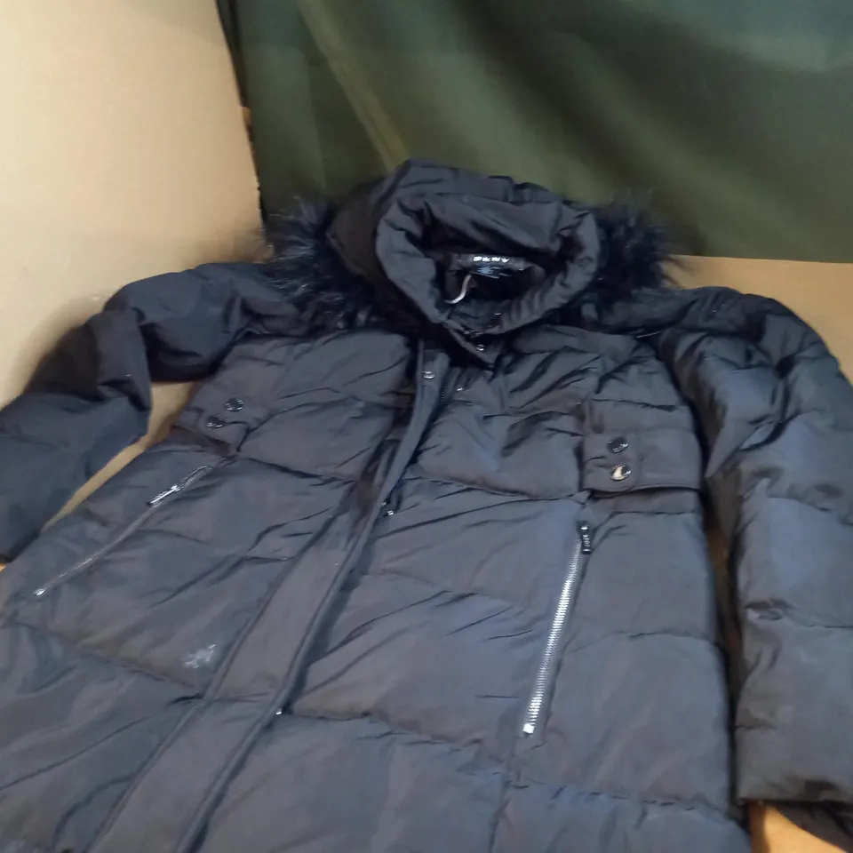 BLACK DKNY ZIP UP PADDED JACKET WITH HOOD UK SIZE L