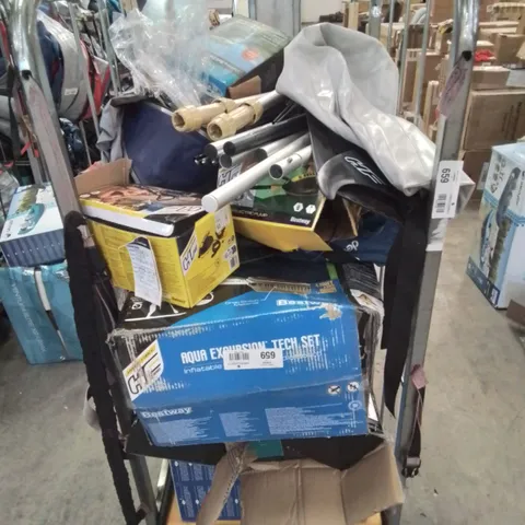 CAGE OF UNTESTED ASSORTED INFLATABLE KAYAKS AND ACCESSORIES