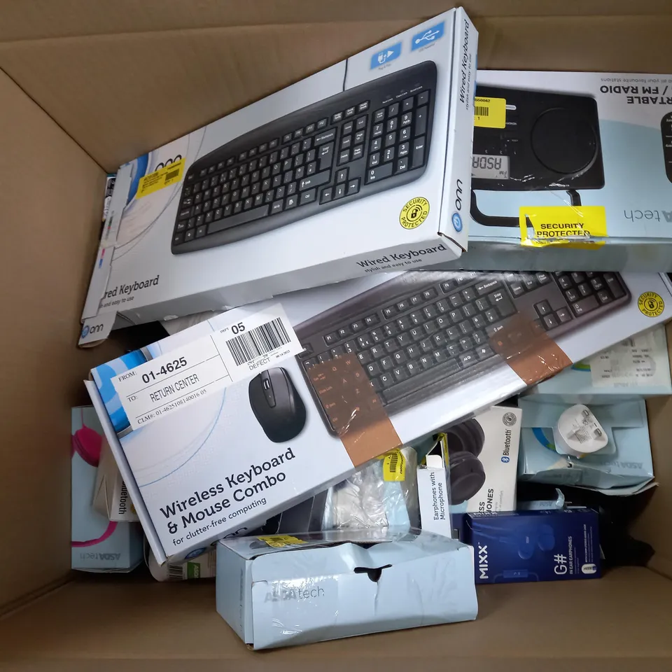 LARGE BOX OF APPROXIMATELY 25 ASSORTED ELECTRICALS TO INCLUDE WIRELESS MOUSE AND KEYBOARD COMBO, WIRLESS HEADPHONES, RADIO, ETC