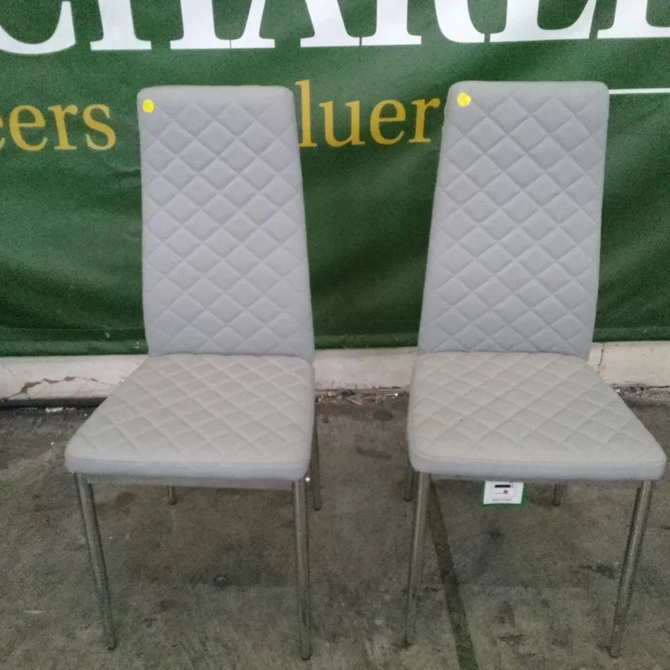 SET OF 2 NEW RENZO LIGHT GREY LEATHER DINING CHAIRS (CHROME LEG)