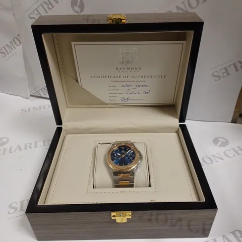 MENS RAYMOND GAUDIN CHRONOGRAPH WATCH β SUB DIALS WITH DATE β STAINLESS CASE & STRAP β 5ATM WATER RESISTANT - WOODEN GIFT BOX