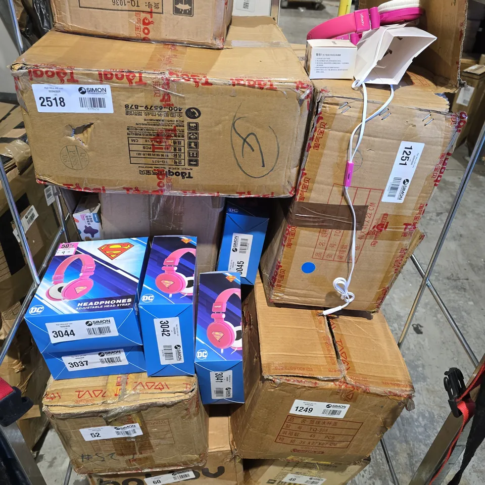 CAGE OF ASSORTED STOCK TO INCLUDE BOXED SET OF 25 BULBS - BOX OF APPROX 40 INNER LINER BABY BOTTLES - DC COMIC SUPER GIRL HEADPHONES   