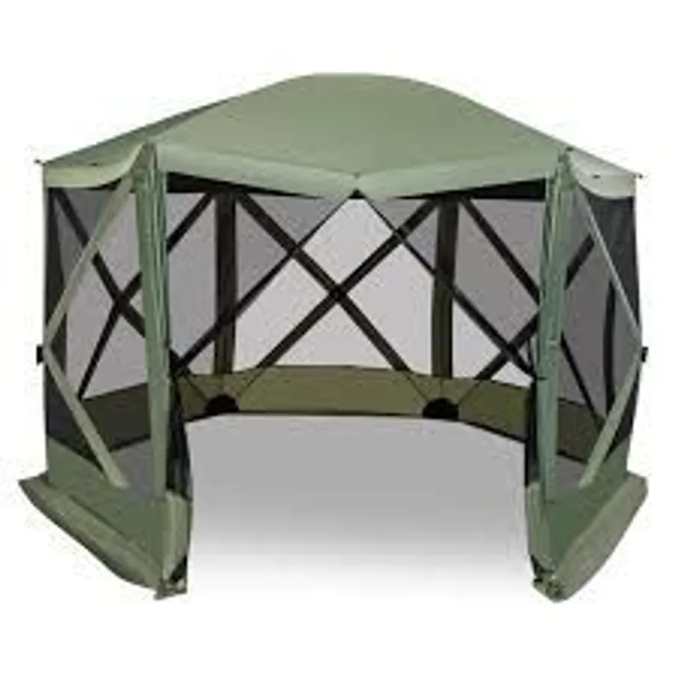 BOXED COSTWAY 346 X 305cm POP-UP SCREEN HOUSE TENT 6-SIDED CAMPING GAZEBO INSTANT SETUP HUB TENT WITH PORTABLE CARRYING BAG - GREEN