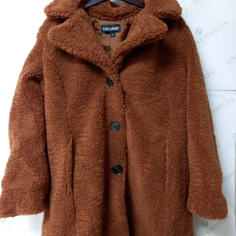CENTIGRADE TEDDY LONGLINE COAT IN CHOCOLATE SIZE LARGE 