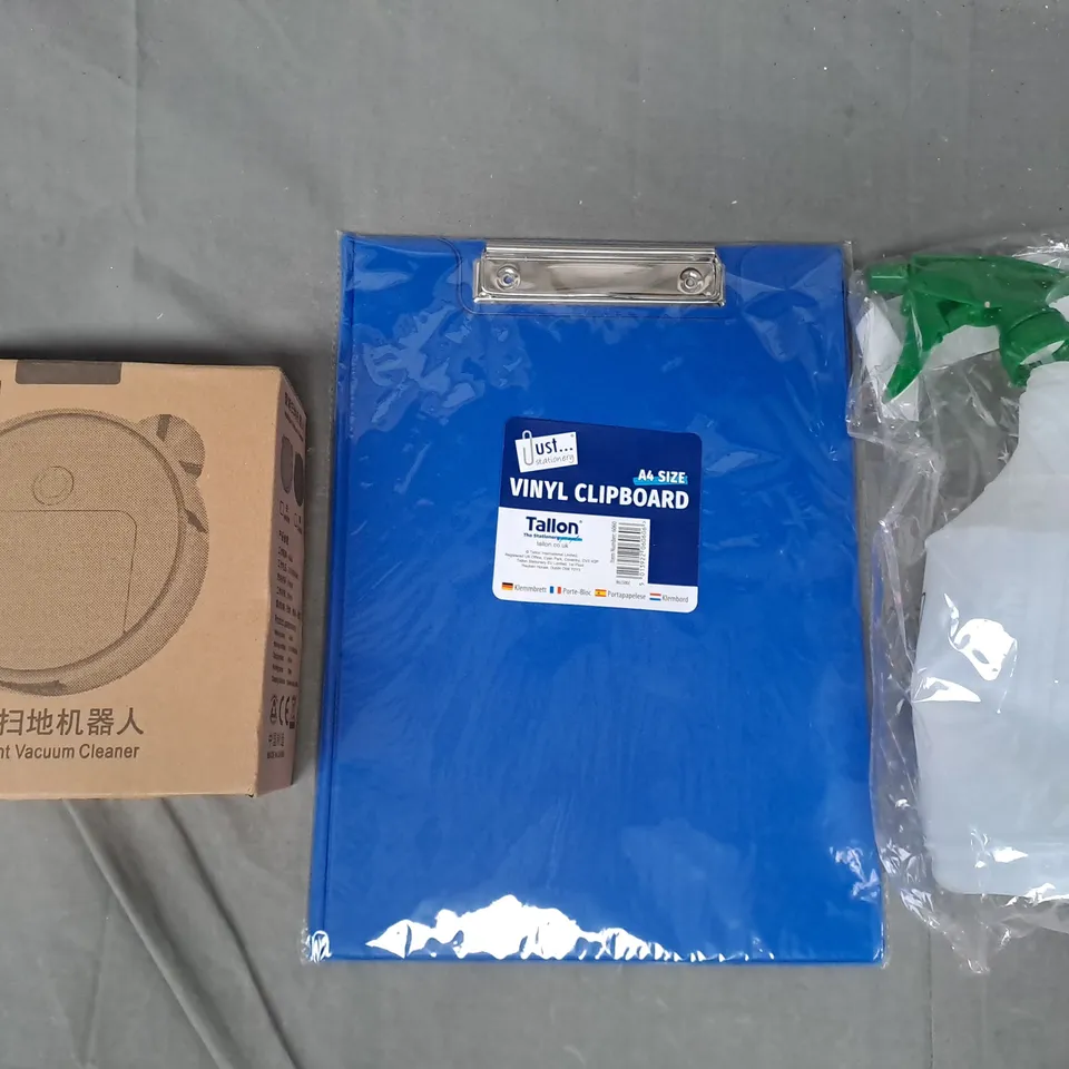 BOX OF APPROXIMATELY 20 ASSORTED HOUSEHOLD ITEMS TO INCLUDE INTELLIGENT VACUUM CLEANER, VINYL CLIPBOARD, SPRAY BOTTLE, ETC
