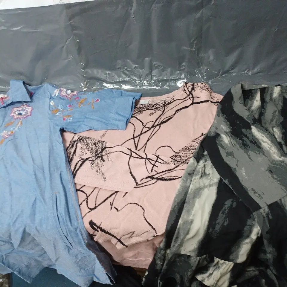 BOX OF APPROXIMATELY 10 ASSORTED PIECES OF CLOTHING IN VARIOUS STYLES, SIZES, AND BRANDS 