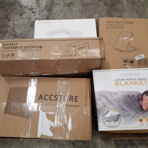 PALLET CONTAINING ASSORTED PRODUCTS INCLUDING TOILET SEAT, HEATED THROW BLANKET, NON-WOVEN FABRIC WARDROBE, PORTABLE BATHTUB & ARM REST PILLOW