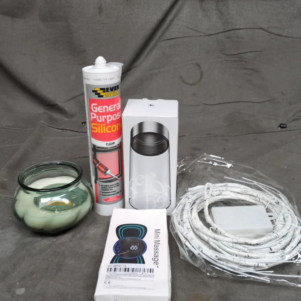 APPROXIMATELY 15 ASSORTED HOUSEHOLD PRODUCTS TO INCLUDE MINI MASSAGER, SCENTED CANDLE AND GENERAL PURPOSE SILICONE