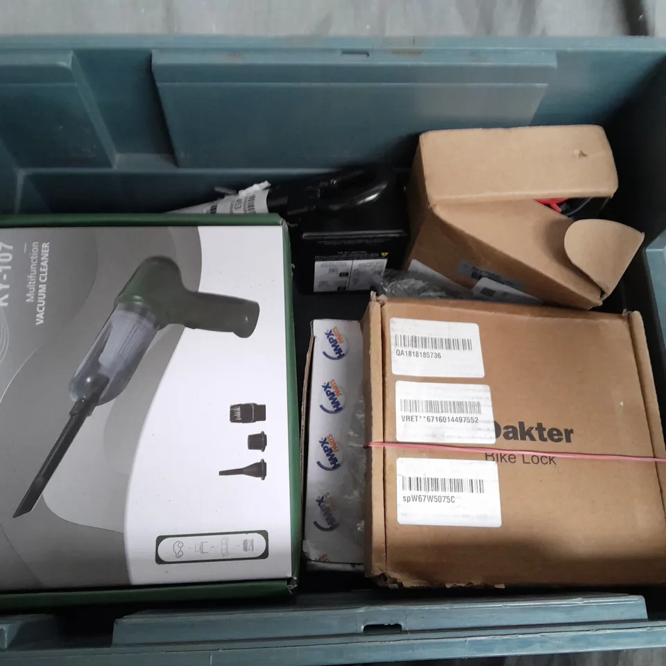 box of assorted car items to include - bike lock - small hoover - air sent 