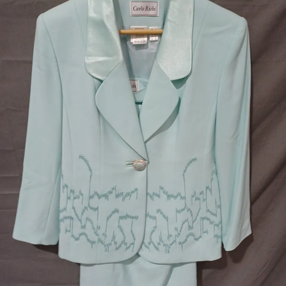 CARLO RICHI 2 PIECE SEQUIN DETAIL JACKET & SKIRT IN BLUE/GREEN - UK 10