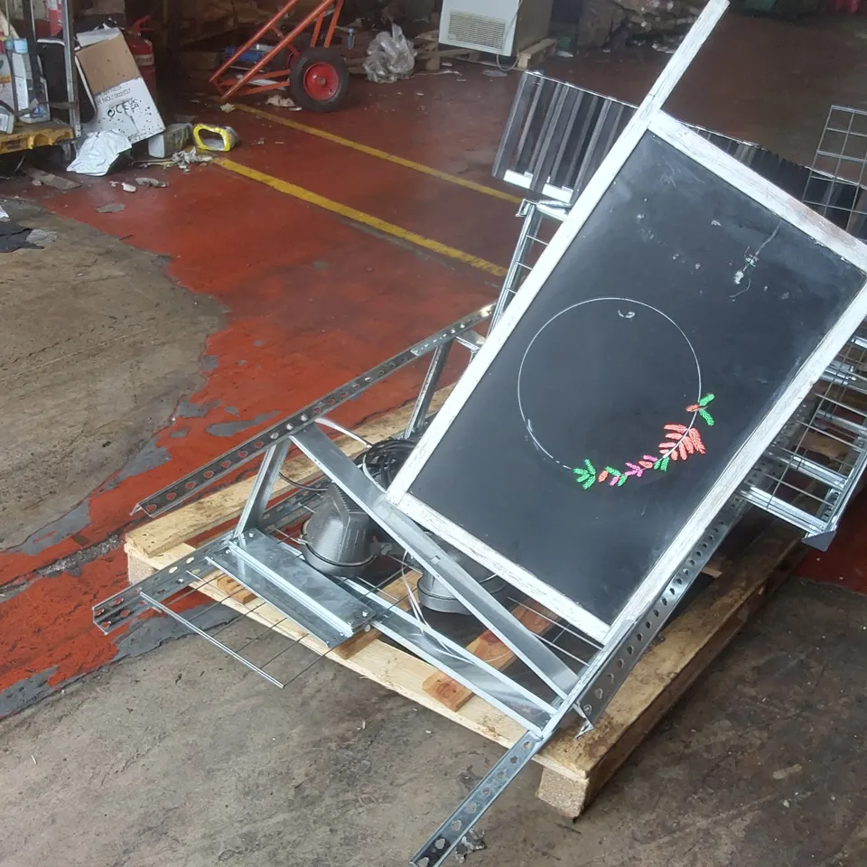 PALLET CONTAINING A LARGE QUANTITY OF ASSORTED RESTAURANT ITEMS INCLUDING: KITCHEN RACKS, LIGHTS, SIGN ECT