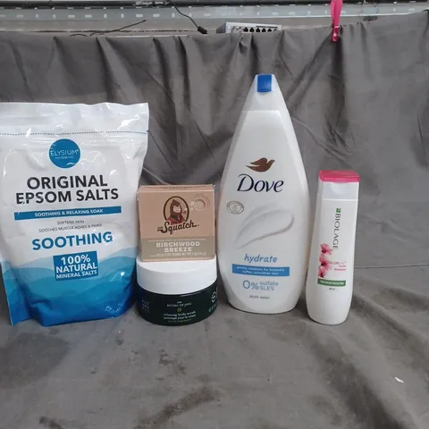 APPROXIMATEY 20 HEALTH AND BEAUTY PRODUCTS TO INCLUDE ORIGINAL EPSOM SALTS, DOVE BODY WASH AND BIOLAGE COLOUR SHAMPOO