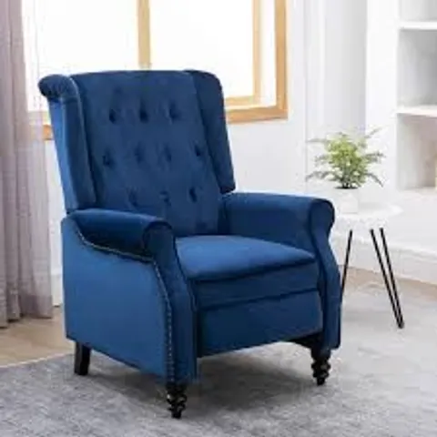 BOXED DESIGNER BLUE FABRIC PUSHBACK RECLINING EASY CHAIR 