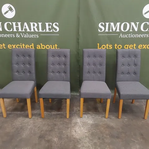 SET OF 4 REGENT SLATE GREY FABRIC BUTTON BACK DINING CHAIRS WITH OAK LEGS