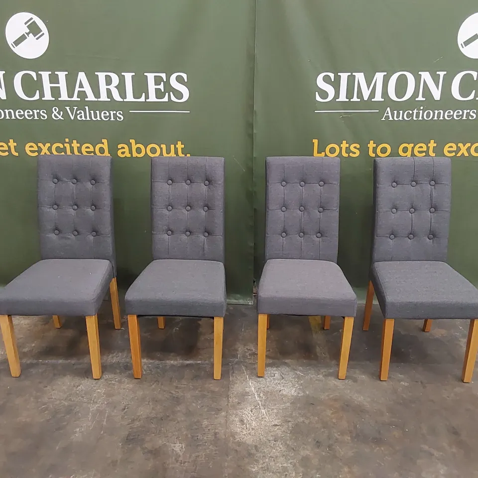 SET OF 4 REGENT SLATE GREY FABRIC BUTTON BACK DINING CHAIRS WITH OAK LEGS