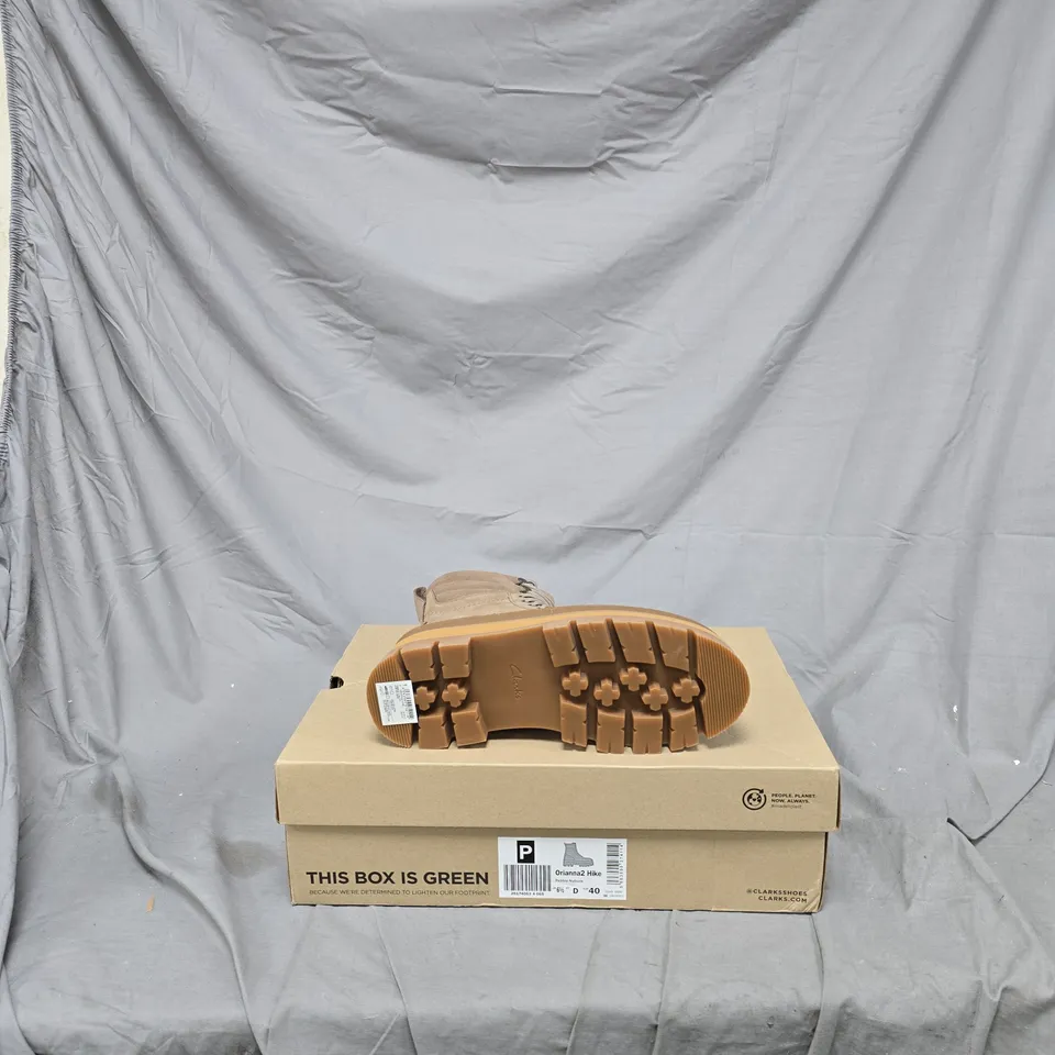 CLARKS TAN SUEDE ANKLE BOOTS – HIKING STYLE, PAIR, UK 7 (EU 40) – BOX INCLUDED