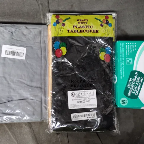 BOX OF APPROXIMATELY 20 ASSORTED HOUSEHOLD ITEMS TO INCLUDE HYPOALLERGENIC GLOVES, PLASTIC TABLE COVER, ETC - COLLECTION ONLY