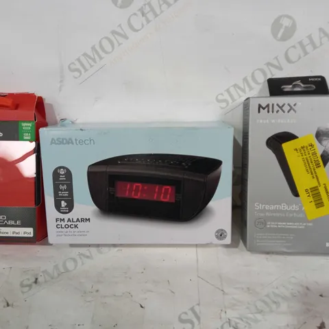 BOX OF APPROXIMATELY 30 ASSORTED ELECTRICAL ITEMS TO INCLUDE MIXX STREAMBUDS AX, ASDA TECH FM ALARM CLOCK, BLACKWEB SYNC AND CHARGE CABLE, ETC