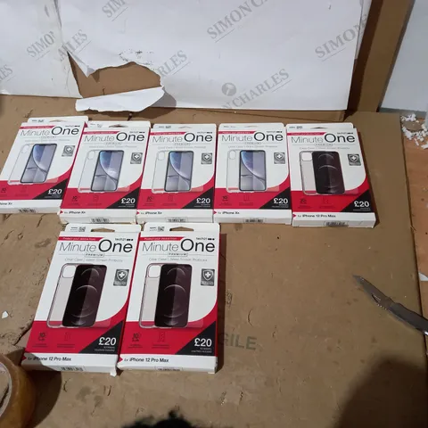 LOT OF 7 TECH 21 MINUTE ONE CLEAR IPHONE XR, IPHONE 12 PRO MAX CASES