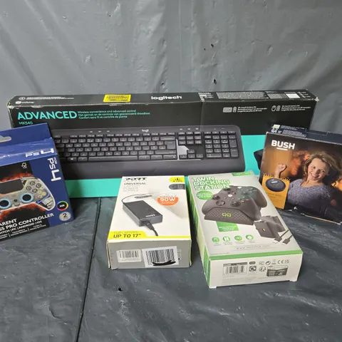 APPROXIMATELY 15 ASSORTED ITEMS TO INCLUDE LOGITECH ADVANCED MK540, TRANSPARENT WIRELESS PRO CONTROLLER PS4, PORT CONNECT LAPTOP POWER SUPPLY, ETC