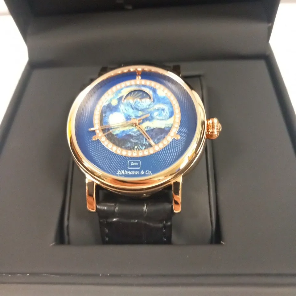 MENS ZIHLMANN & CO AUTOMATIC WATCH – Z150 – MOONPHASE DIAL – GLASS EXHIBITION BACKCASE - SILVER COLOUR CASE – BLACK LEATHER STRAP
