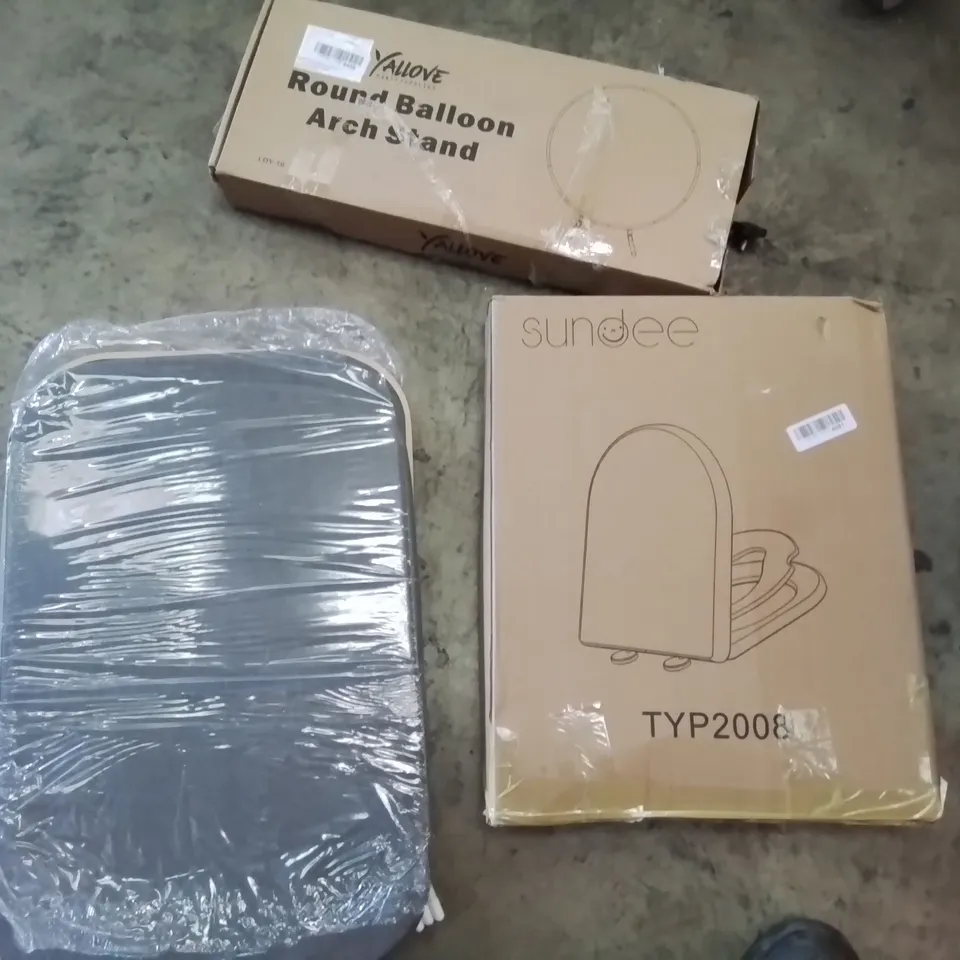PALLET OF ASSORTED PRODUCTS, INCLUDING, PREMIUM INFLATABLE DOUBLE BED, TOILET SEAT, BAMBOO LINEN BASKET, ROUND BALLOON ARCH STAND, BABY DOLL.