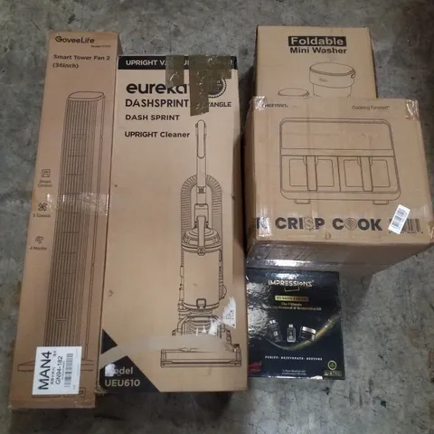 PALLET CONTAINING VARIOUS ASSORTED BOXED HOUSEHOLD ITEMS TO INCLUDE: SMART TOWER FAN, VACUUM CLEANER, FOLDABLE MINI WASHER, DUAL CHAMBER AIR FRYER AND LOTS MORE UNMARKED BOXED ITEMS 