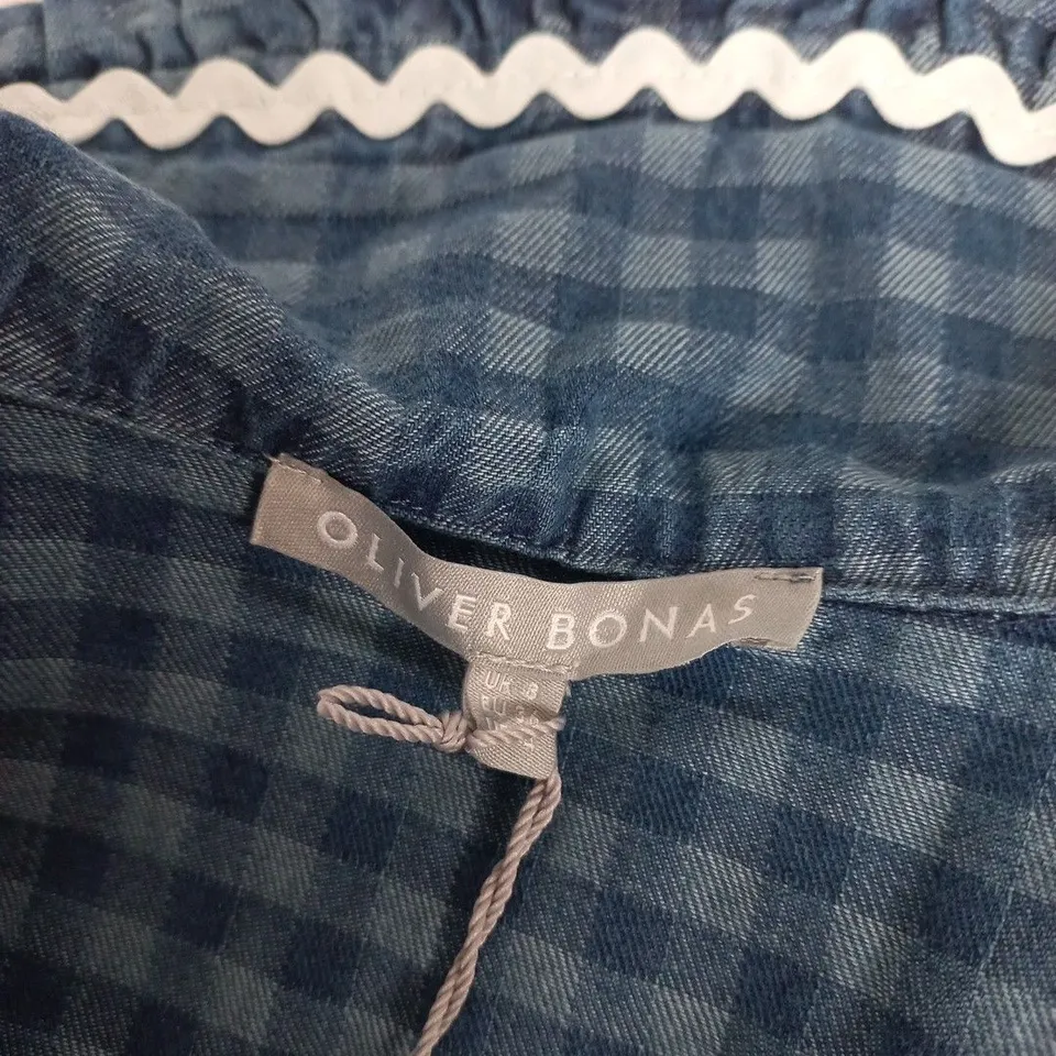 OLIVER BONAS DENIM GINGHAM COLLAR MIDI DRESS IN BLUE - SIZE 8