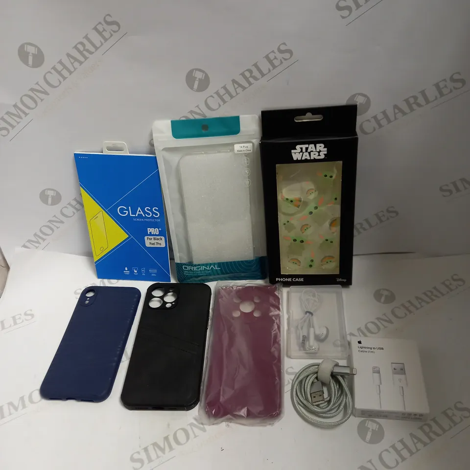 BOX TO CONTAIN APPROX. 35 ASSORTED PHONE ACCESSORY PRODUCTS, INCLUDES PHONE CASES, CHARGING CABLES, EARPHONES ETC 