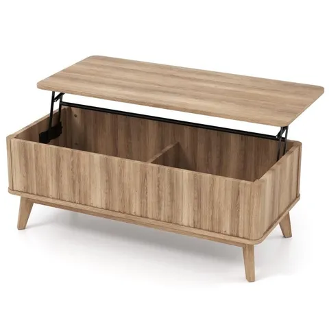 BOXED FLUTED LIFT TOP COFFEE TABLE WITH LIFT TABLETOP AND HIDDEN COMPARTMENTS-BROWN