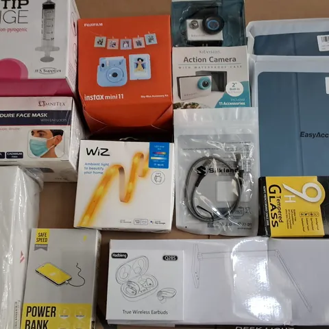 LARGE QUANTITY OF ASSORTED ITEMS TO INCLUDE VOTOMY PORTABLE SPEAKER, WIZ APP CONTROLLED LIGHT STRIP AND INSTAX MINI ACCESSORY KIT