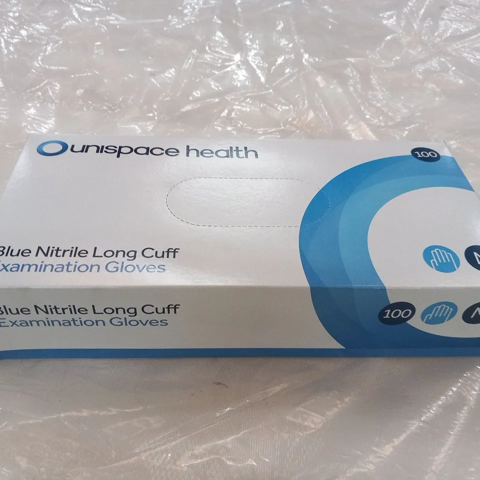 APPROXIMATELY 12 BOXES OF 1000 UNISPACE HEALTH MEDIUM BLUE NITRILE LONG CUFF EXAMINATION GLOVES (APPROXIMATELY 12,000 PAIRS IN TOTAL)