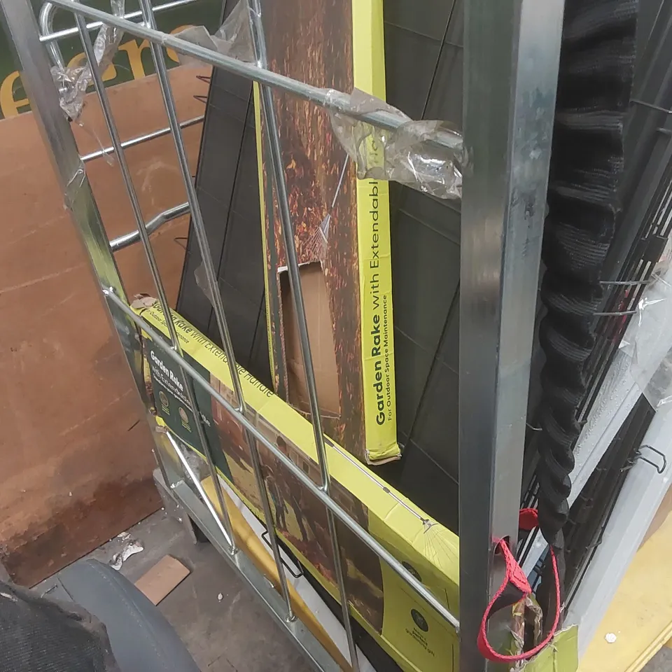 CAGE CONTAINING A LARGE QUANTITY OF ASSORTED ITEMS INCLUDING: GARDEN RAKE, FOLDING TABLES, TODDLER TOILET SEAT, WRAPPING PAPER ECT // CAGE NOT INCLUDED