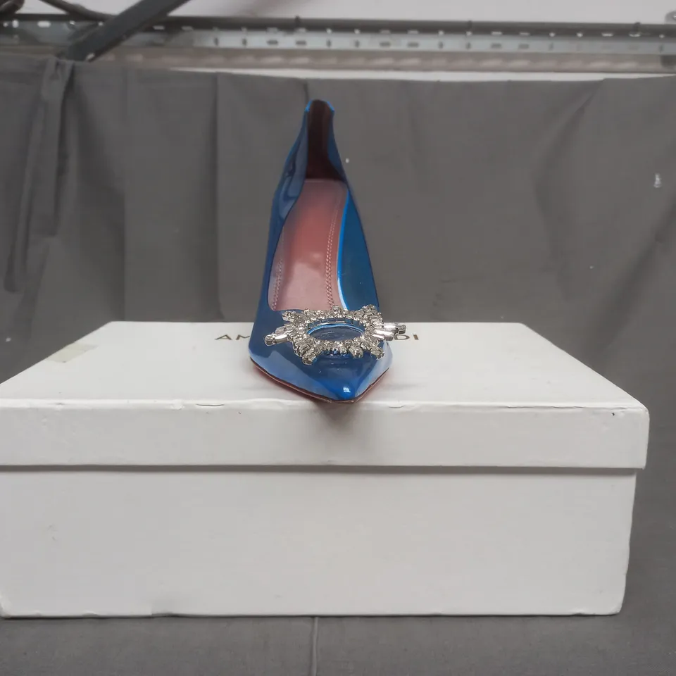 BOXED PAIR OF AMINA MUADDI HIGH HEELED SHOES IN BRIGHT BLUE EU SIZE 40