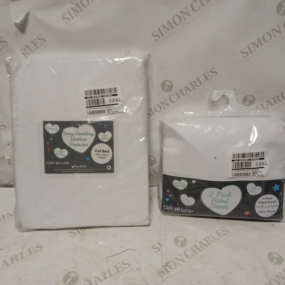 LOT OF CLAIR DE LUNE PRODUCTS TO INCLUDE COT BED WATERPROOF SHEET, 2 PACK OF FITTED SHEETS TO FIT COT BED RRP £27.98