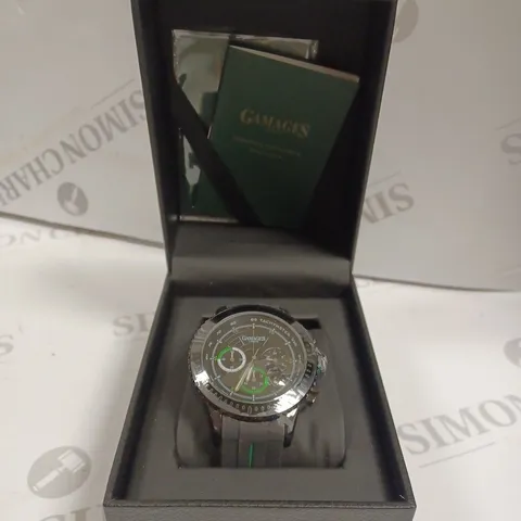 BOXED GAMAGES LONDON NAVIGATOR AUTOMATIC BLACK SILICONE STRAP WATCH