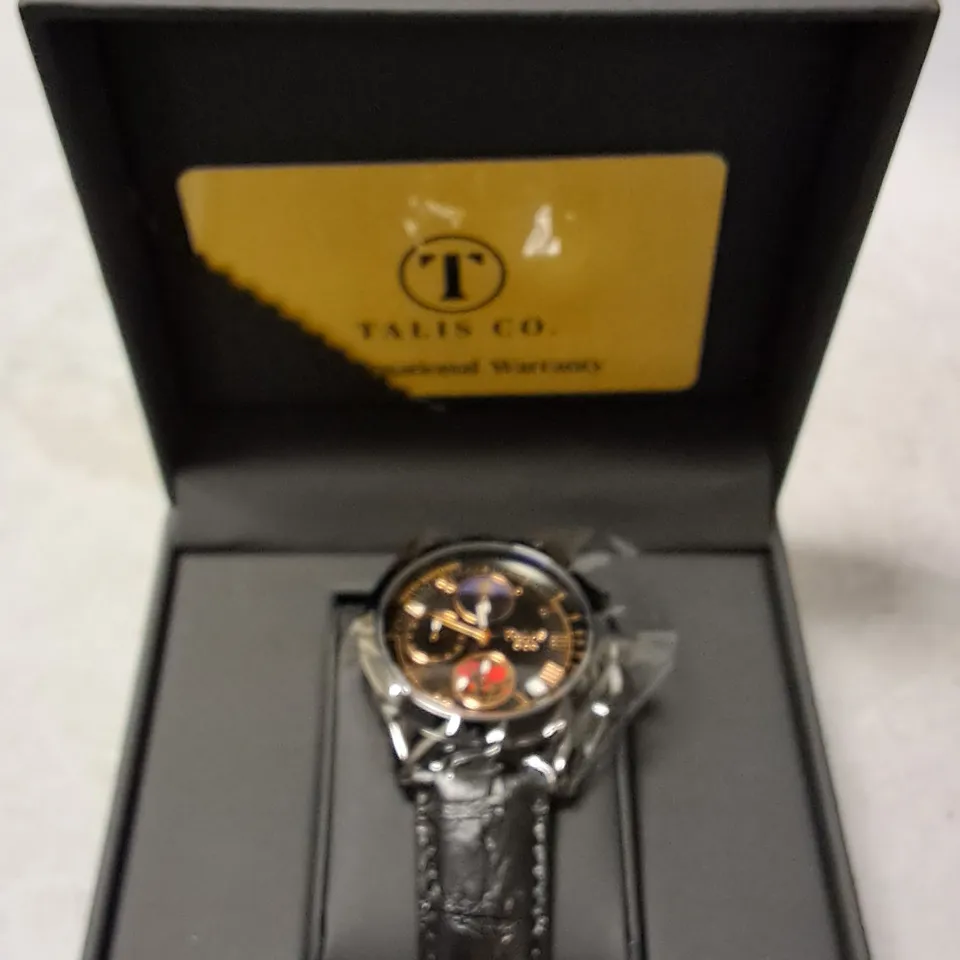 TALIS CO BLACK STAINLESS STEEL GENTS MOON PHASE WATCH WITH BLACK LEATHER STRAP
