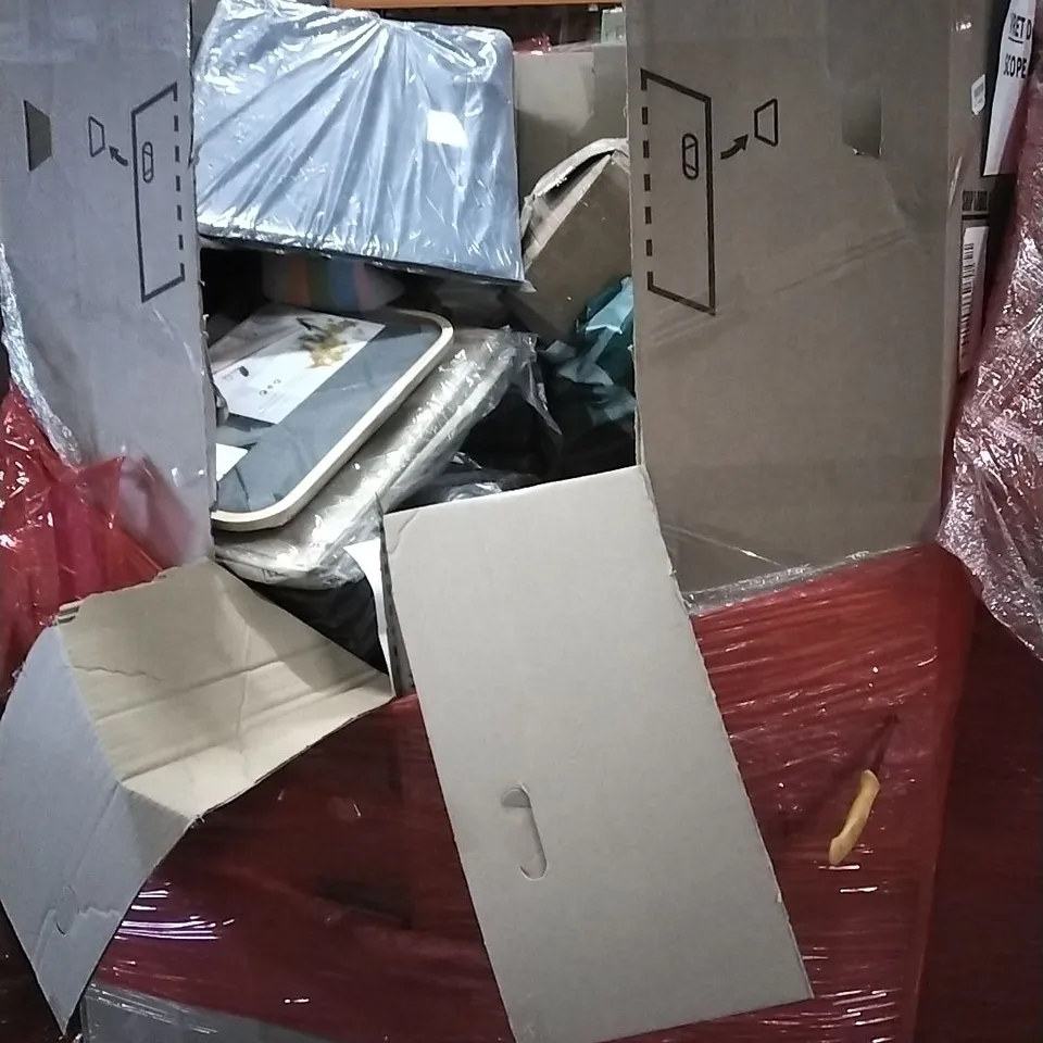 PALLET OF HOUSEHOLD ITEMS TO INCLUDE PUFFY POUCHES SUPERMARKET, PORTABLE PROTECTOR CASE,WRAPPED ART CANVAS,WINDOW WIPERS AND OTHER ASSORTED ITEMS...