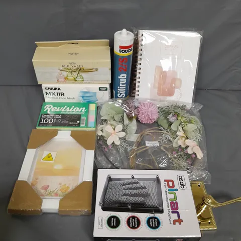 BOX OF ASSORTED HOUSEHOLD ITEMS TO INCLUDE FRAMES, PINART AND REVISION CARDS